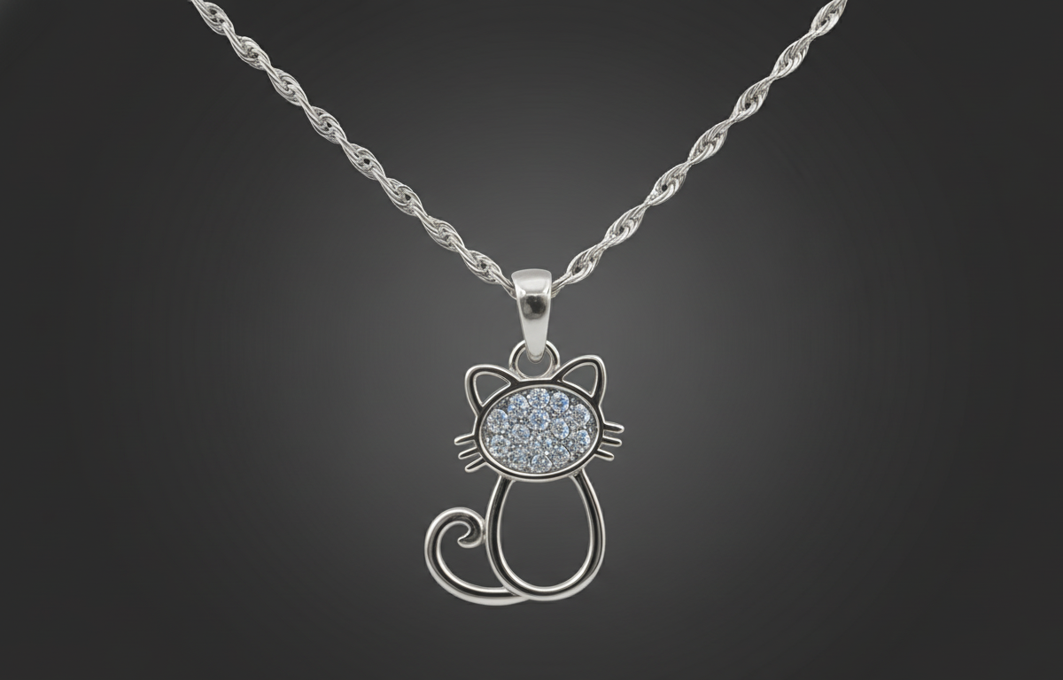 Vista de Cadena tipo cuerda con colgante gato