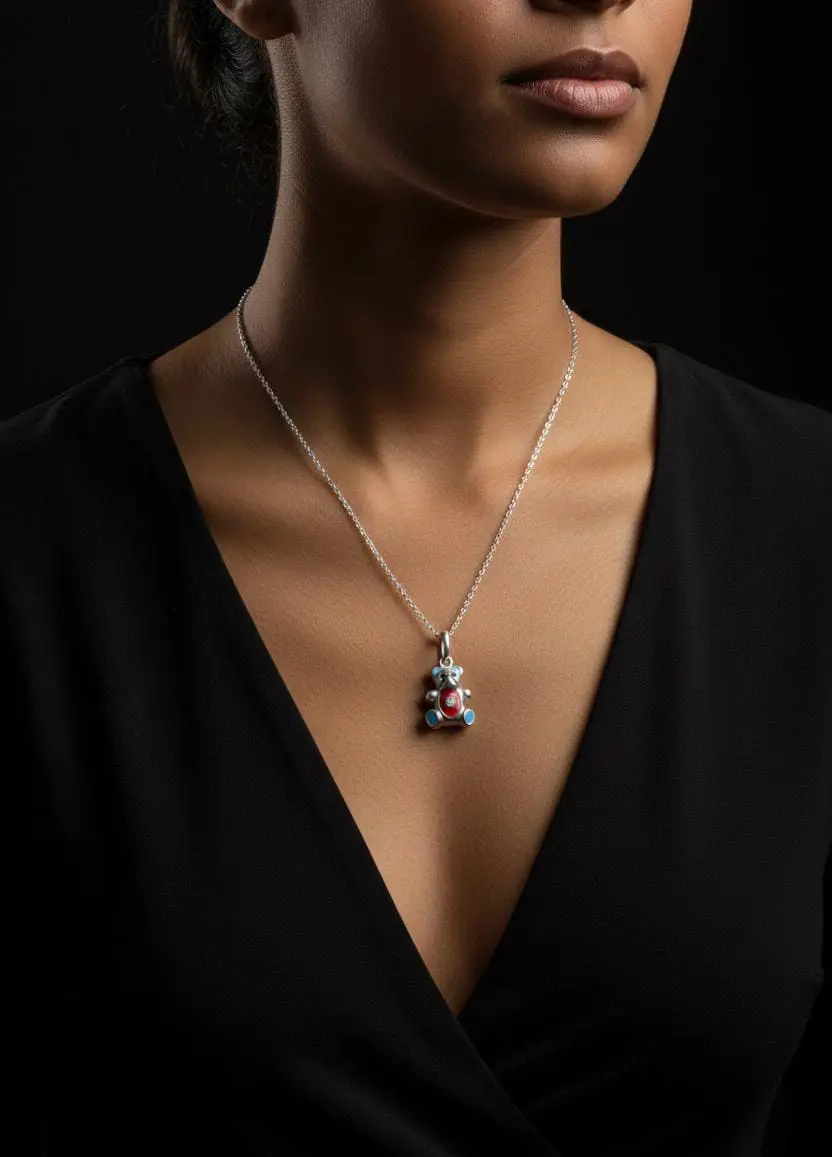 Cadena de Eslabones con Dije de Oso y Flor Central